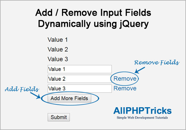 Add Remove Input Fields Dynamically using jQuery