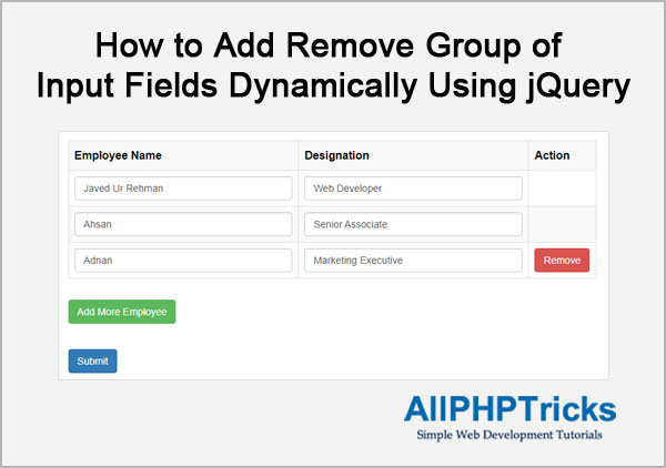 Add Remove Group of Input Fields Dynamically Using jQuery