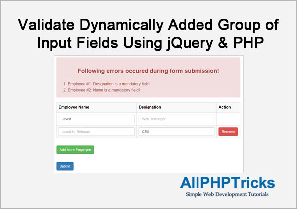 Validate Dynamically Added Group of Input Fields Using jQuery & PHP